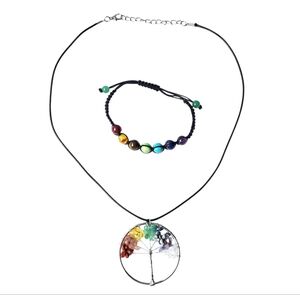 Rainbow Chakra Tree of Life Adjustable Necklace & Bracelet Set with Real Stones